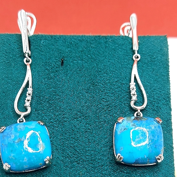 Natural Arizona Turquoise 16mm & Cz 925 Sterling Silver Earrings - Picture 7 of 9